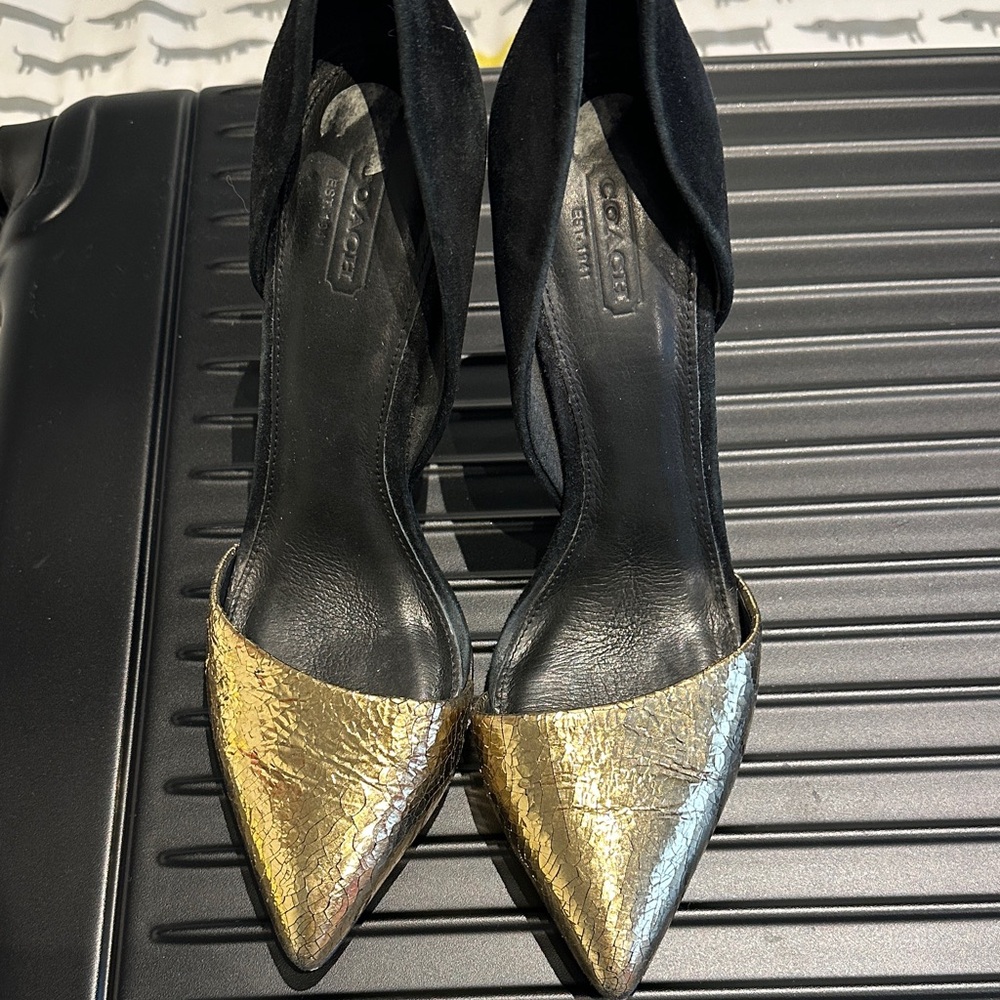 Coach Black suede and Gold leather Pointed Heels 4”